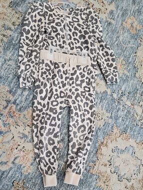 Kids Leopard Print Zip Jumpsuit and Jogger Set - Cream & Gray